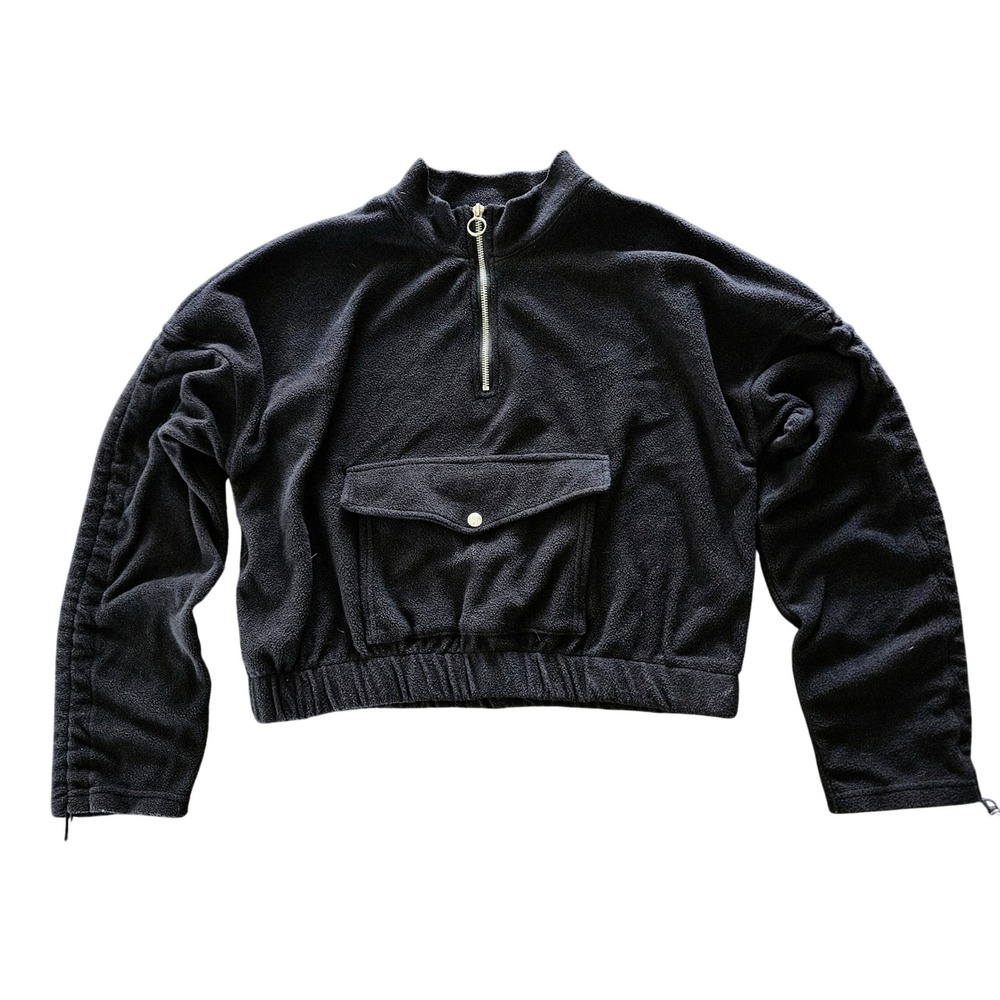 Women Black Fleece Quarter Zip Cropped Top L Adjustable Gorpcore Streetwear Cozy